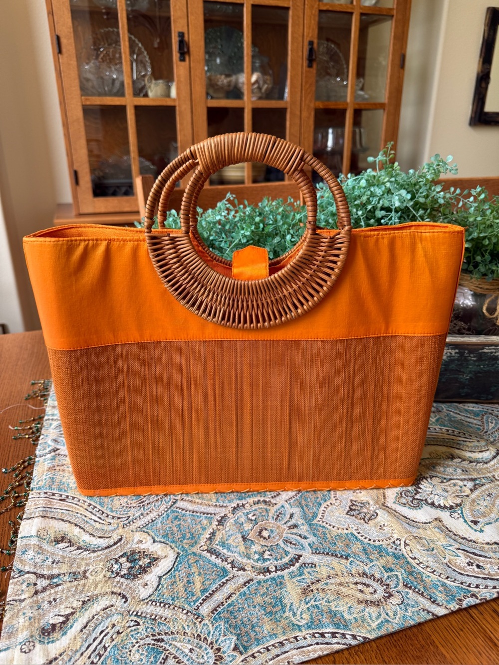 Tico Collection Orange Woven Tote Bag Round Rattan Handles Resort Beach Vacation